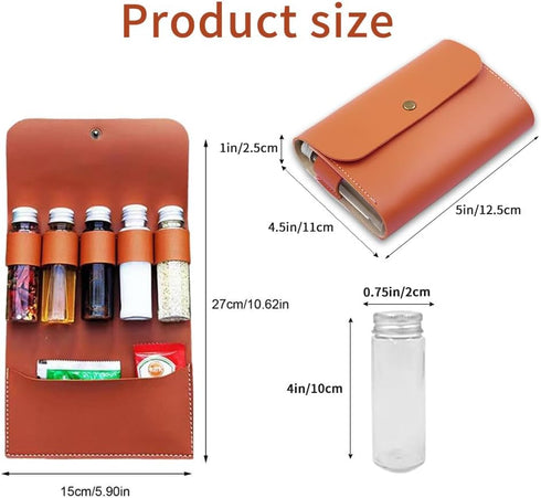 Portable Spice Bag for Travel, Camping Spice Kit with 5 Jars, Foldable Leather Seasoning Storage Bag