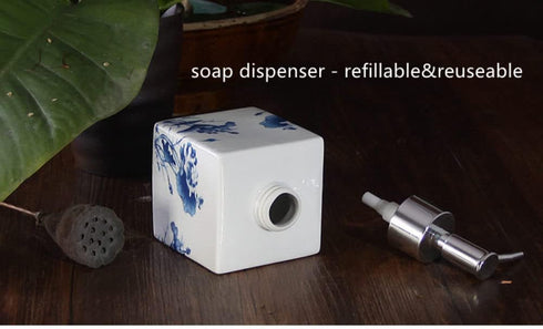 Lotion Soap Dispenser, Ceramic Lotion Soap Dispenser with Pump for Bathroom and Kitchen, Vintage Blue