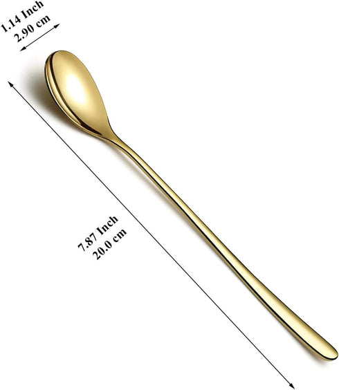 Gold Long Handle Iced Tea Spoons Set of 12 Pieces, Titanium Plating Gold Stainless Steel Teaspoons, Stirring Bar Spoon, Coffee Spoon, Ice Cream Spoon, Cocktail Spoon, Dishwasher Safe