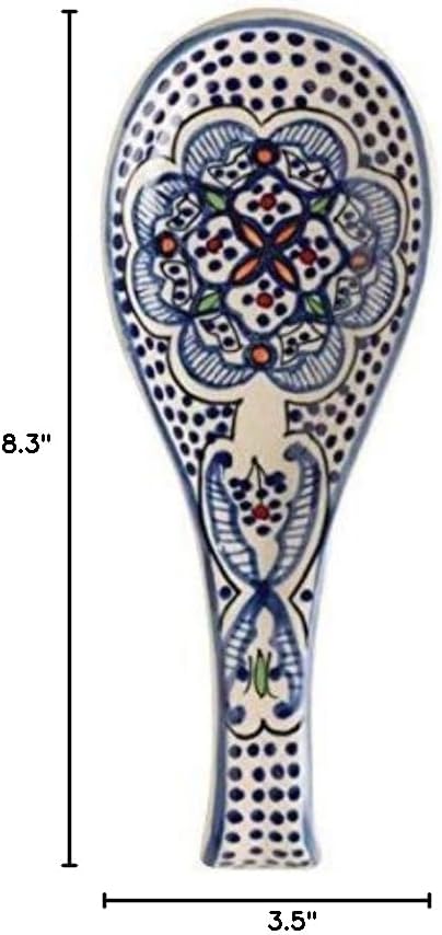 Quadow Spoon Holder/Spoon Rest, Ceramic Blue and White, Hand Crafted Northern African Design