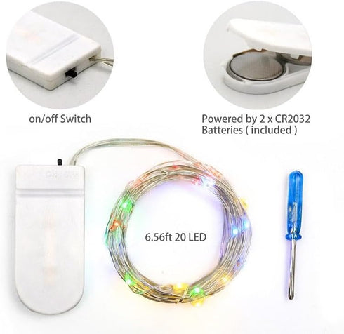 Fairy Lights Micro Silver Wire String Lights, 20 LEDs, 6.6Ft/2Meter, CR2032 Battery Operated (Multi-Colour, 6 Pack)