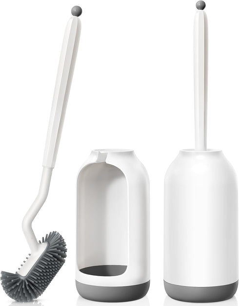 HAMITOR Toilet Bowl Brush Holder Set, 2 Pack Deep Cleaning Silicone Toilet Scrubber with Curved Bristle