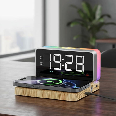 5 1 10W Bedroom Alarm Clock for Heavy Sleepers - in Magnetic Wireless Charger with White Noise Bluetooth Speaker RGB