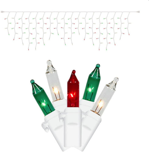 Set of 100 Red, Green, and Clear Frosted Icicle Lights - White Wire