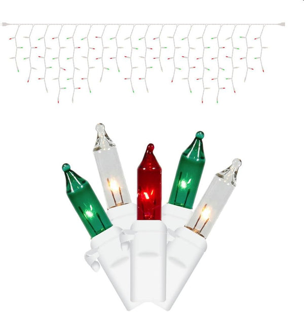 Set of 100 Red, Green, and Clear Frosted Icicle Lights - White Wire
