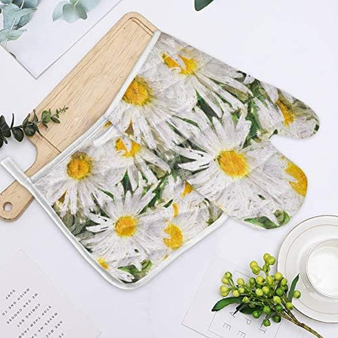Set of Oven Mitt and Pot Holder, Spring Daisy Flower Kitchen Mittens, Heat Resistant Non-Slip Surface for Cooking