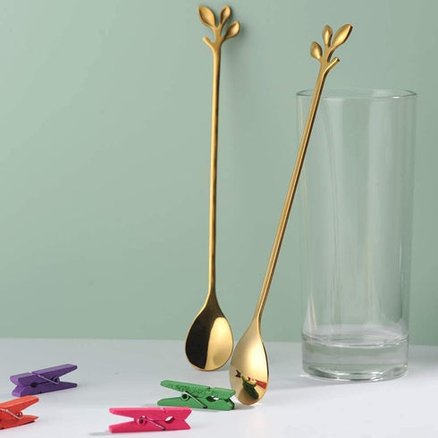 Long Handle Iced Tea Spoons Set of 6, Comicfs 7.6" Gold Leaf Cocktail Stirring Spoons, Dishwasher Safe