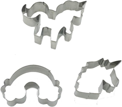 3-Piece Unicorn Cookie Cutter Set, Stainless Steel Unicorn, Rainbow & Head Shapes, Dishwasher Safe