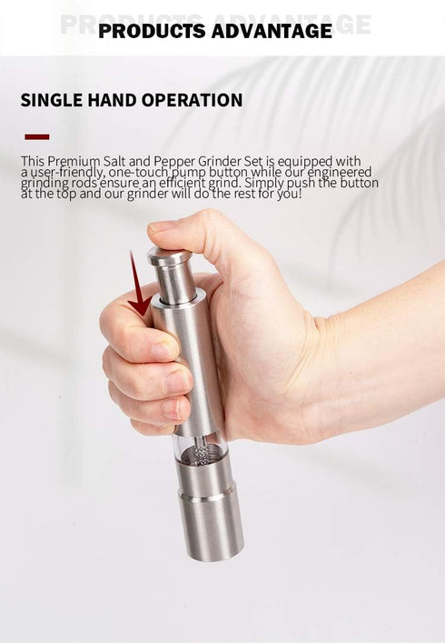 MINI Stainless-Steel One-Handed Thumb Push Button Salt and Pepper Grinder for Black Pepper or Himalayan Salt