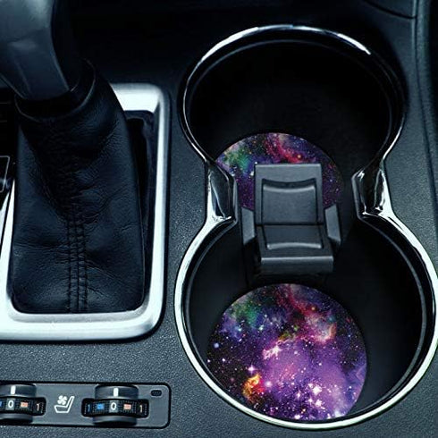 Purple Marvel Nebula Galaxy Design ROUND Fabric Felt Neoprene Car Coasters for Drinks, 2pcs Set