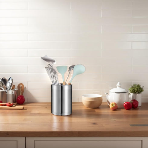 KSENDALO Stainless Steel Utensil Holder - 6.6inch Tall Kitchen Utensil Holder with Weighted Base - Brushed Finish Metal Canister for Silverware Utensil Storage, 5inch Wide Utensil Rack, Silver