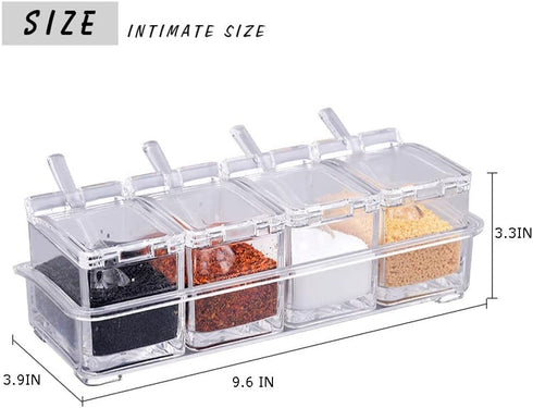 Clear Seasoning Box, 4 Spice Jars with Lids and 4 Pcs Spoons, 1 Pcs Tray for Salt, Sugar, Cardamon, Cinnamon