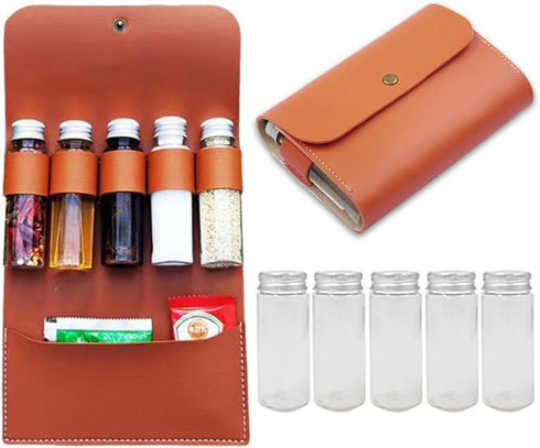 Portable Spice Bag for Travel, Camping Spice Kit with 5 Jars, Foldable Leather Seasoning Storage Bag