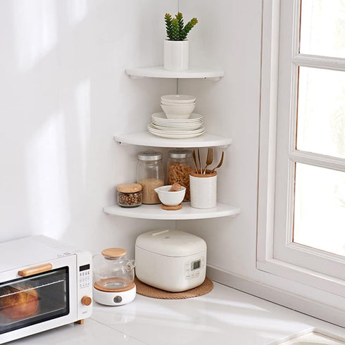 7in) Corner Shelf, White Solid Oak Wood Floating Corner Shelves Wall Mount Round End Floating Speaker Rack Display