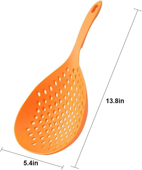 2 Pieces Slotted Strainer Scoop Colander, Plastic Skimmer Spoon with Handle for Kitchen Cooking, White and Orange