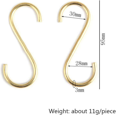 10 Pieces Multipurpose Brass S Shaped Hooks for Coat, Clothes, Kitchen Pot, and Pan Storage