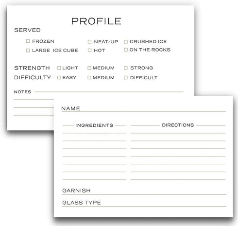 48 Cocktail Recipe Cards, 4 x 6 inches, Double-Sided for Bartenders and Mixology