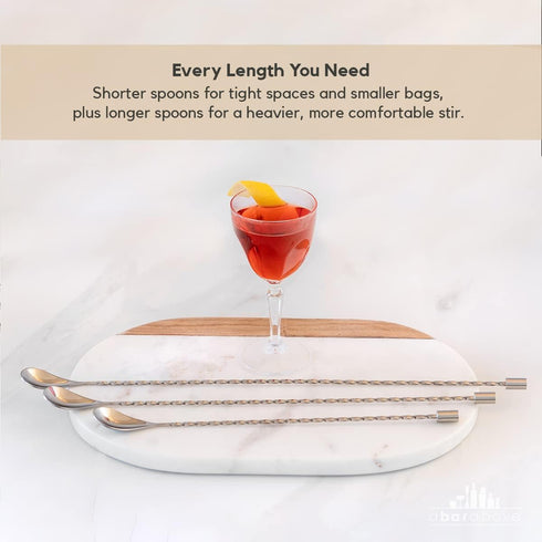 A Bar Above Stainless Steel Cocktail Stirrer Bar Spoon Set, 3 Pieces, 12 , 15 , 17 , Spiral Handle Drink Stirrers
