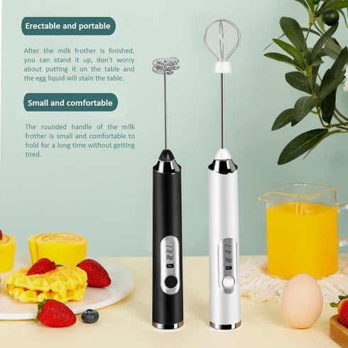 Rechargeable Milk Frother, 3-Speed Electric Handheld Frother for Coffee with 2 Whisks and Decoration Tool