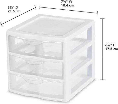 Sterilite Clearview Plastic Multipurpose Small 3 Drawer Desktop Storage Unit, White, 6 Pack