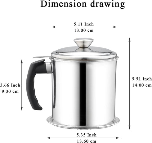 48 oz 1. Kyraton Bacon Grease Container With Strainer, Stainless Steel Oil Container, Pot Fat Storage With Lid, Easy
