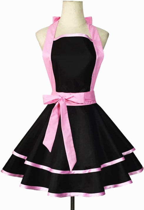 Cute Lovely Retro Aprons for Women, Vintage 50s Black Pink Cooking Kitchen Ruffle Apron