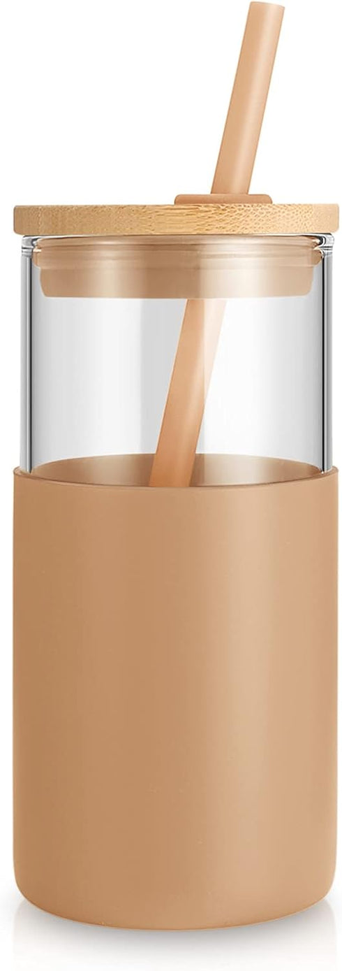 Tronco 16 oz Glass Tumbler with Straw and Bamboo Lid, Reusable Iced Coffee Cup with Silicone Protective Sleeve - BPA