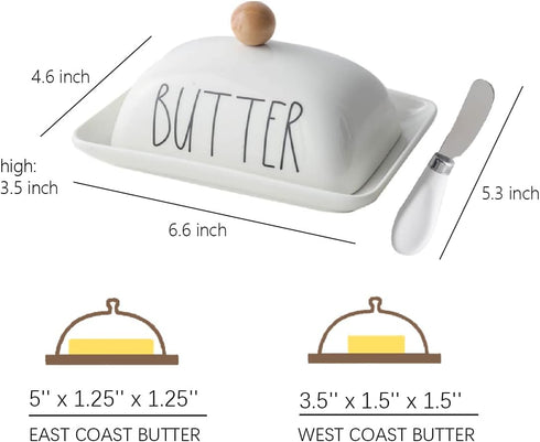 Farmhouse Decorative Kitchen Countertop Butter & Cream Cheese Dish with Lid, White Butter Keeper with Cover