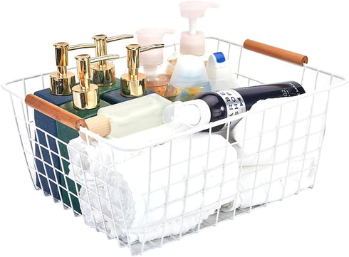 LeleCAT Large White Wire Baskets with Wooden Handles for Storage, Organizer Baskets for Cabinets, Closets, Kitchen