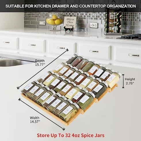 Spice Drawer Organizer, 4 Tiers Bamboo Spice Rack Tray Insert for Kitchen Seasoning Storage (14.57" Wide)