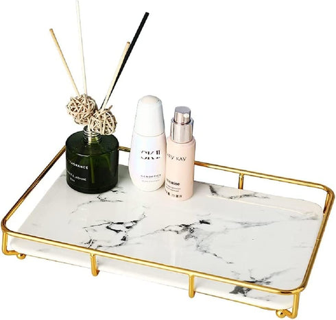 Makeup Organizer Vanity Tray, Stainless Steel Shelf for Bathroom Skincare Display Rack, Marble Print Ceramic Trays