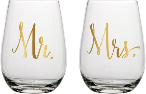 Slant Mr & Mrs Stemless Wine Glasses, Set of 2