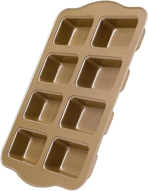 Mini Loaf Pan - 8-Cavity Non-Stick Carbon Steel Brownie Bakeware for Oven Baking in Gold-Square