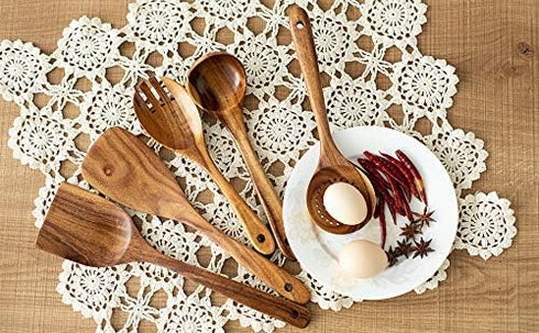Wooden Kitchen Utensils Set, 5 PCs Natural Acacia Spurtle Set for Non-stick Pan, Ladle, Wok Spatulas, Salad Fork