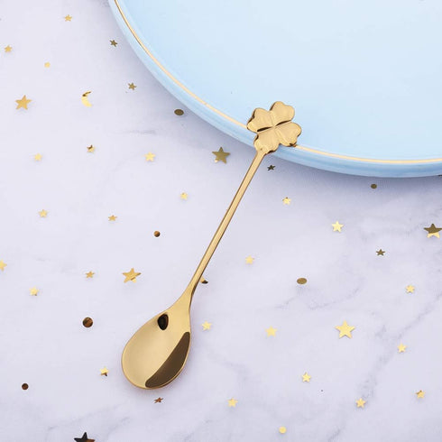 10 pcs Gold Four-Leaf Clover Stainless Steel Spoon Set, Unique Design for Coffee, Tea, Desserts, 4.7 inch