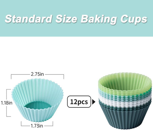 Silicone Muffin Baking Cups, 12 Pack Reusable Non-stick Cupcake Liners, BPA Free, Dishwasher Safe