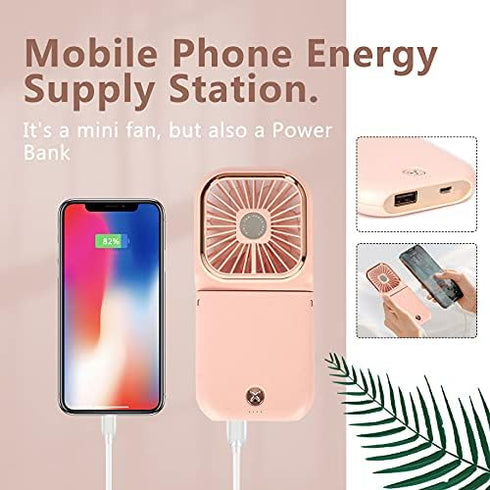 Portable Mini Fan, Small Battery Operated 5 in 1 Power Bank, Phone Holder, Handheld Fan, Pink