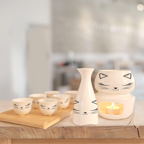 Roksol Chef 10pcs Set 1 1 1 1 6 Ceramic Sake Cups with Warmer Pot Bamboo Tray, Traditional Porcelain Pottery Hot Saki