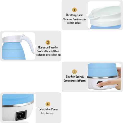Small Foldable Portable Electric Kettle, Silicone Collapsible Heating Water Boiler Tea Pot for Camping, Blue