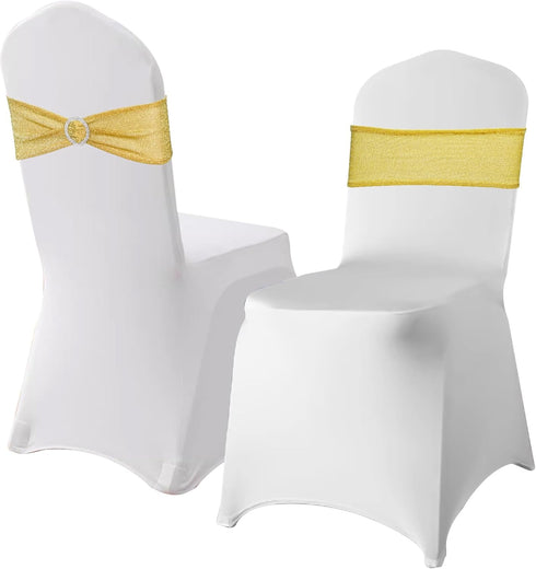 Eternal Beauty Set of 10 Gold Chair Sashes, Glitter Spandex Chair Bands for Folding Chairs Wedding