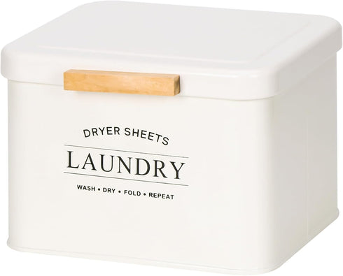Dryer Sheet Holder with Hinged Lid for Laundry Room Organization, Metal Container for Laundry Room Decor (Cream)
