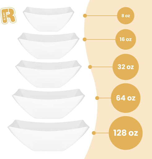 R-kay 6 Pack Square Plastic Serving Bowls - 8 oz White Plastic Bowls for Parties, Premium for Weddings, Catering,