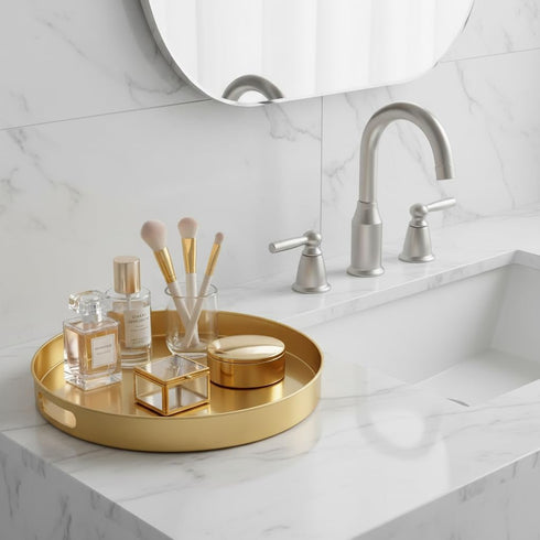 13" Spsyrine Round Gold Decorative Tray, Plastic Serving Table Tray with Handles for Ottoman, Coffee Table, Bathroom