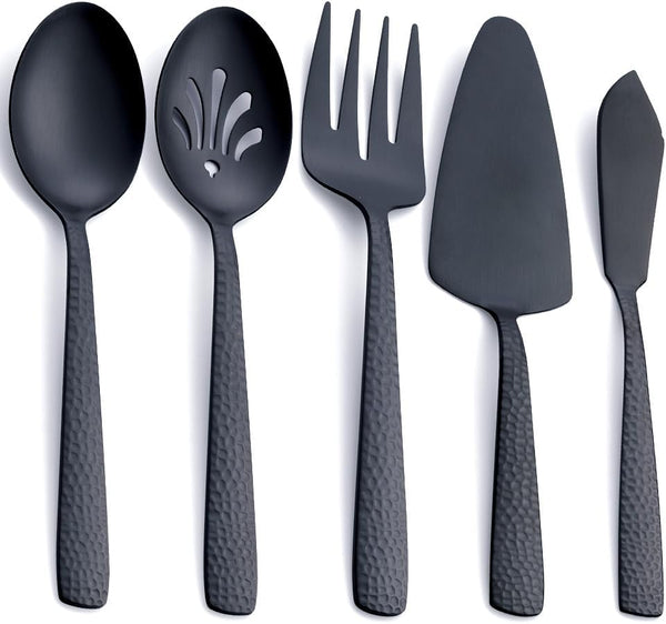FULLYWARE Matte Black Large Serving Utensil Set, 5-Piece Stainless Steel Hostess Set with Spoon, Fork, and Knife