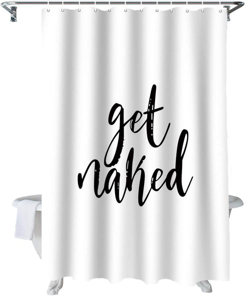 Z&L Home Get Naked Black Script Shower Curtain, White Bathroom Decorations with Hooks, Polyester Fabric 72x78 Inches