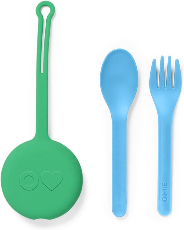 Omie OmieBox Kids Utensils Set - 2 Piece Reusable Fork and Spoon Silverware with Case (Mint Green)
