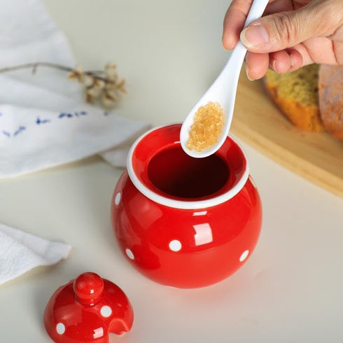 123Arts Ceramics Dot Sugar Salt Pepper Storage Jar - Seasoning Pot with Lid and Spoon