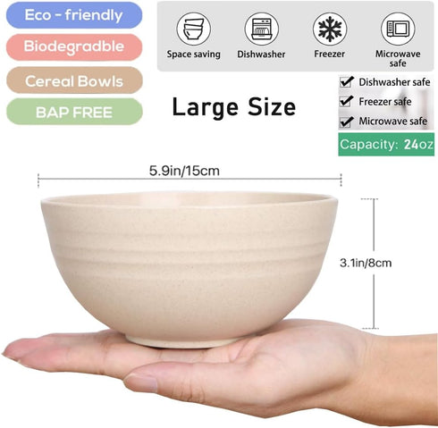 K Y KANGYUN Unbreakable Cereal Bowls Set for 4 - 24 oz Reusable Wheat Straw, Dishwasher & Microwave Safe, BPA Free