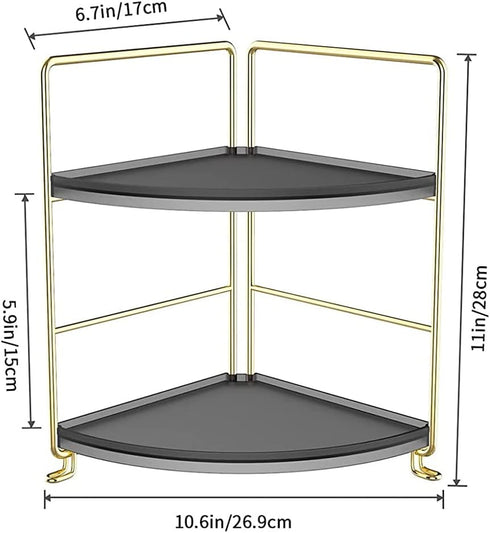 Kitchen Spice Rack Standing Shelf, 2-Tier Corner Storage Shelf, Bathroom Countertop Organizer, Vanity Tray Cosmetic & Makeup Storage,Gold&Black by kaileyouxiangongsi
