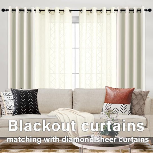 KOUFALL Quatrefoil Sheer Curtains - 63 Inch Length for Living Room - Cream Beige Grommet Semi Sheer Drapes